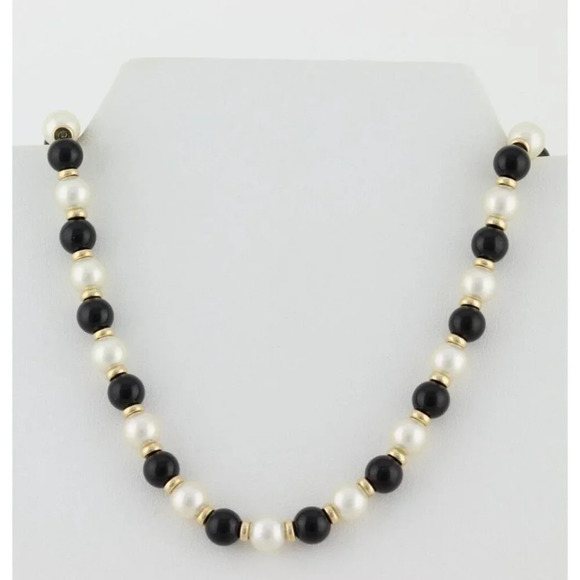 14k Yellow Gold Freshwater Pearl, Onyx, Gold Bead Strand Necklace 19.25" - Picture 6 of 8
